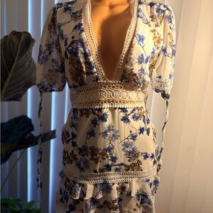 Floral V-Neck Dress with Lace Trim